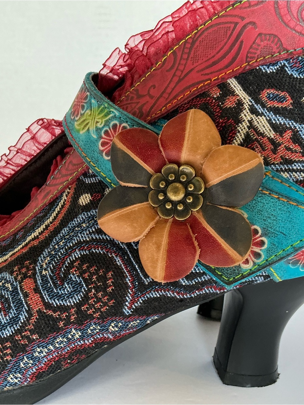 Socofy Floral Leather & Tapestry Ankle Bootie Pumps EU Size 41/US 10 - Picture 7 of 14